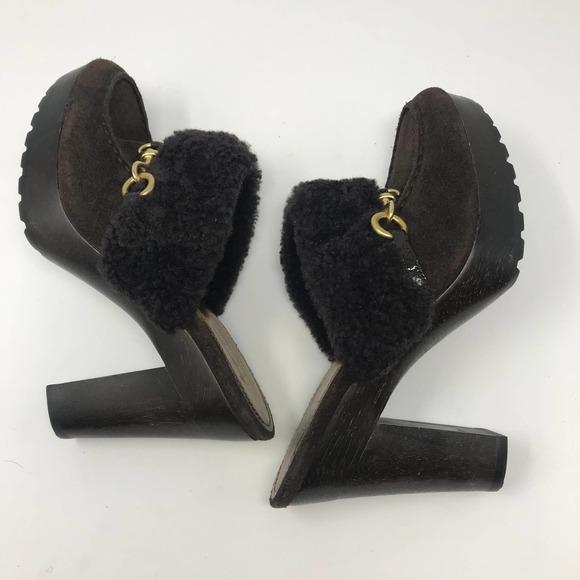 Coach Idyle Brown Suede Shearling Faux Fur Brass Trim Mules Sz 7.5 - Picture 7 of 10